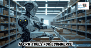 AI CRM Tools for Ecommerce featued image showing AI Robots packing customer orders.