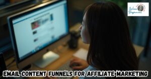 Guide to Using Email Content Funnels for Affiliate Marketing featured image showing lady at her desk designing an email content funnel.