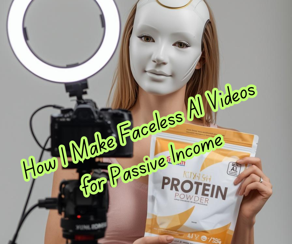 simpli faceless AI videos for passive income showing a lady making a video in front of her video camera while holding a bag of protein powder. Her face has been replaced with that of a robot.