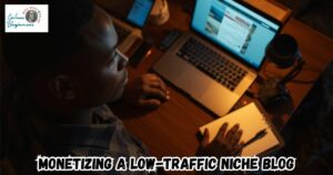 How to Monetize a Niche Blog with low Traffic featured image showing a man working on his blog from his laptop.