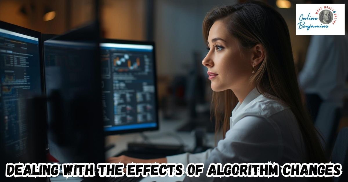 Dealing with Algorithm Changes and the Effects on Website Traffic featured image showing lady working at her desk on her computer and studying her website analytics.