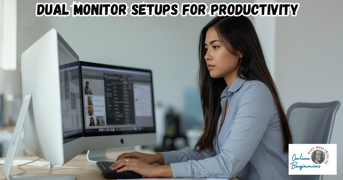 Dual Monitor Setups for Enhanced Productivity and Editing featured image showing lady working at her desk with a dual monitor system.