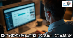 How to monetize a Niche Blog with less than 100 daily visitors featured image showing a man working at his desk, on his computer.